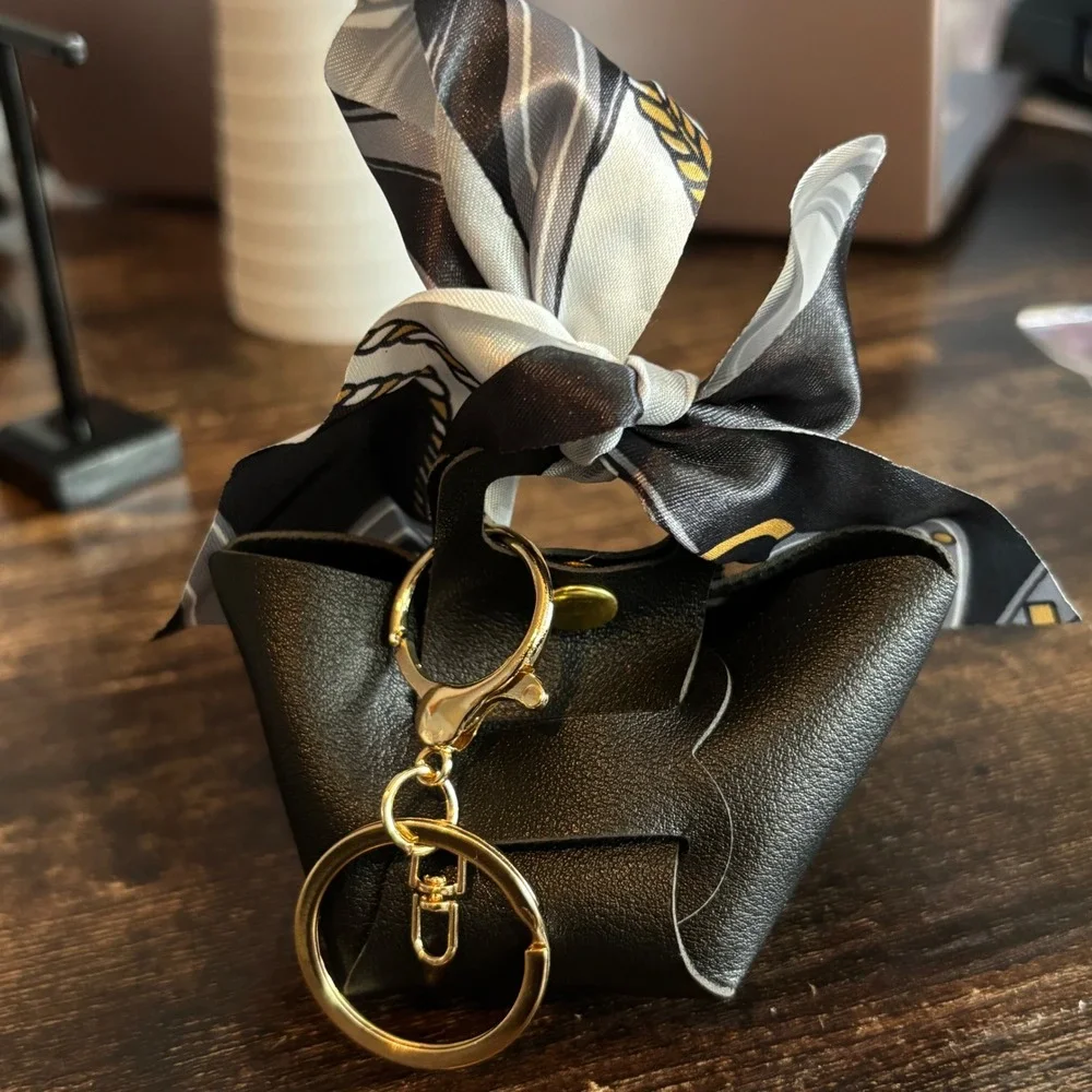 Black Mini Tote Bag Keychain Charm with Scarf Detail and Gold Hardware